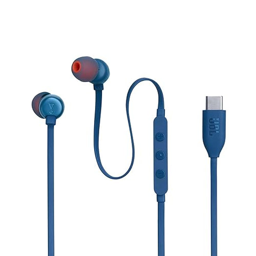 JBL Tune 310 Wired in-Ear Type C Headphones, Hi-Res Audio with Digital-to-Analog Converter, 3-Button EQ Preset Remote with Microphone, Tangle-Free Flat Cable, Compatible with USB-C Devices (Blue)