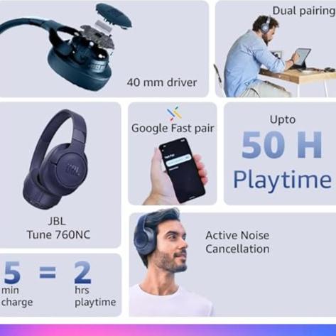 JBL Tune 760NC, Wireless Over Ear Active Noise Cancellation Headphones with Mic, Upto 50 Hours Playtime, Multi-Device Connectivity, Pure Bass, AUX & Voice Assistant Support for Mobile Phones (Blue)